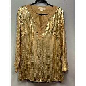 Michael Kors Gold‎ Sequin Tunic Top Womens Medium Blouse Long Sleeve Party